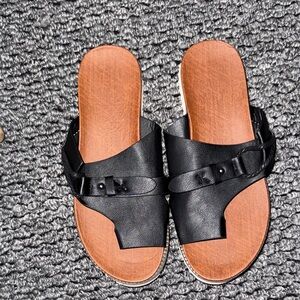 Black Leather Slide Sandals for Women